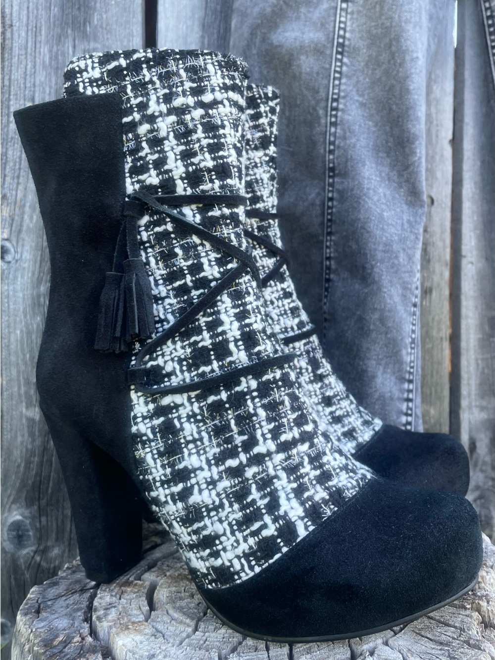 Zeyzani  Black & White Tweed Suede Ankle Boots with Tassel Wrap